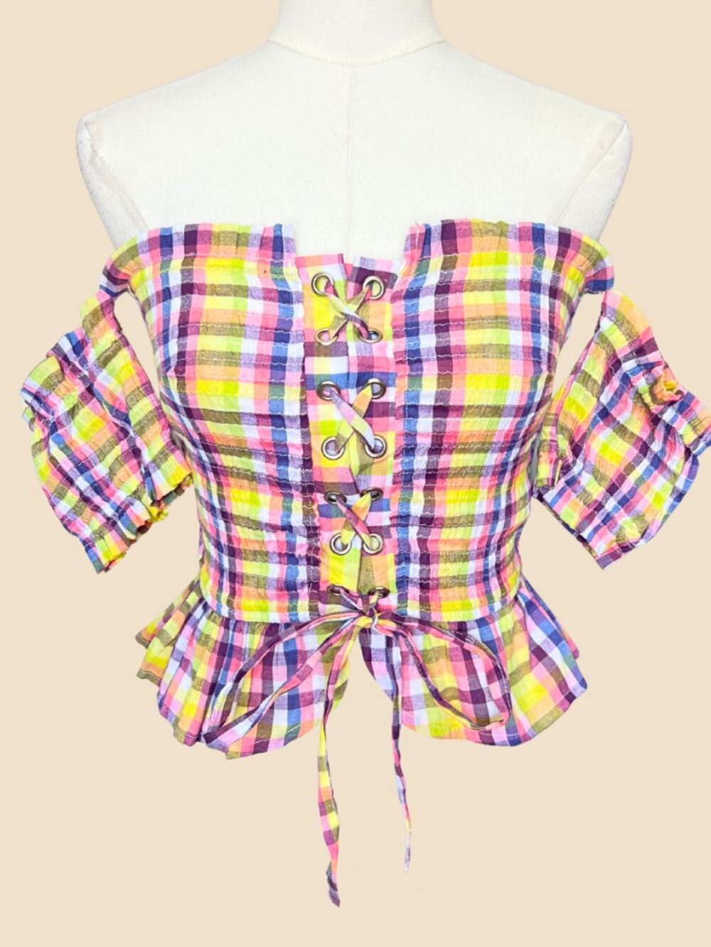 Y2K Plaid Lace-Up Corset Peplum Top